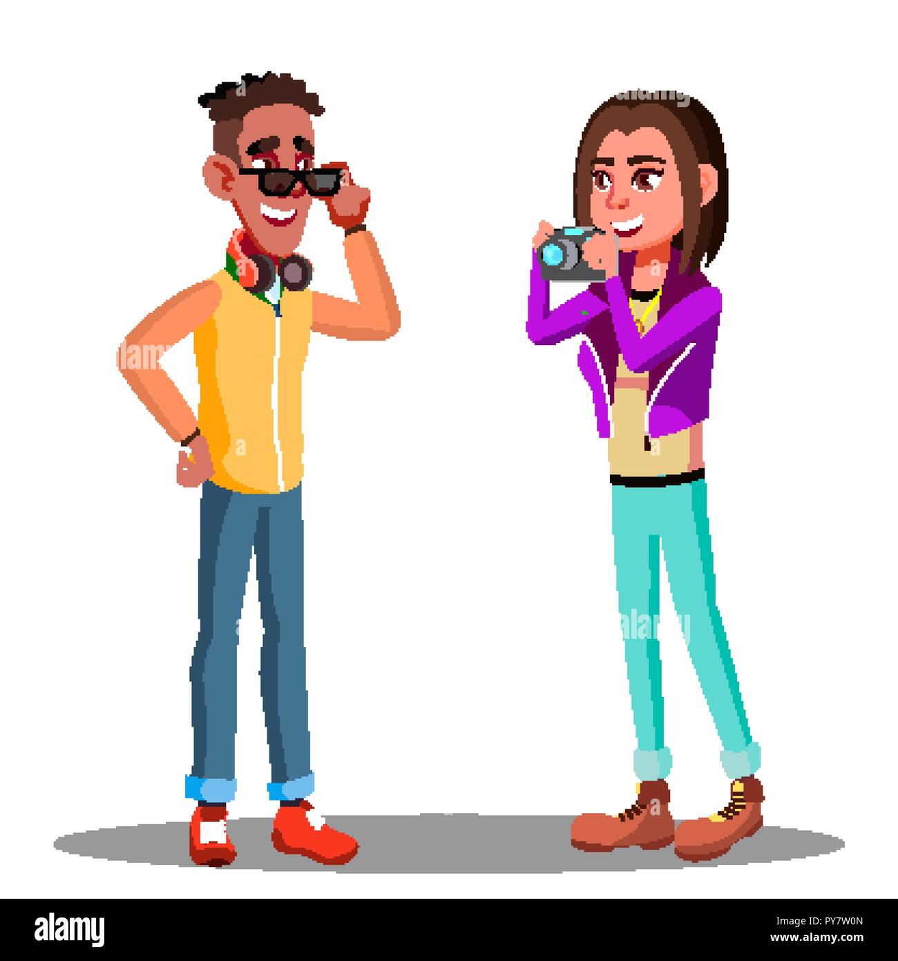 Photographer Girl Taking Pictures Posing Friend Guy Vector. Isolated Illustration Stock Vector