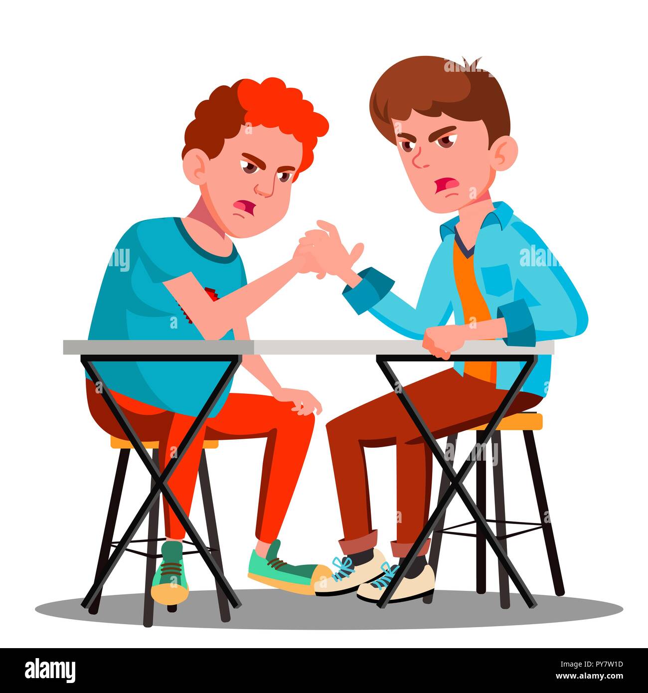 Two Young Strong Men Compete In Arm Wrestling Vector. Isolated Illustration Stock Vector