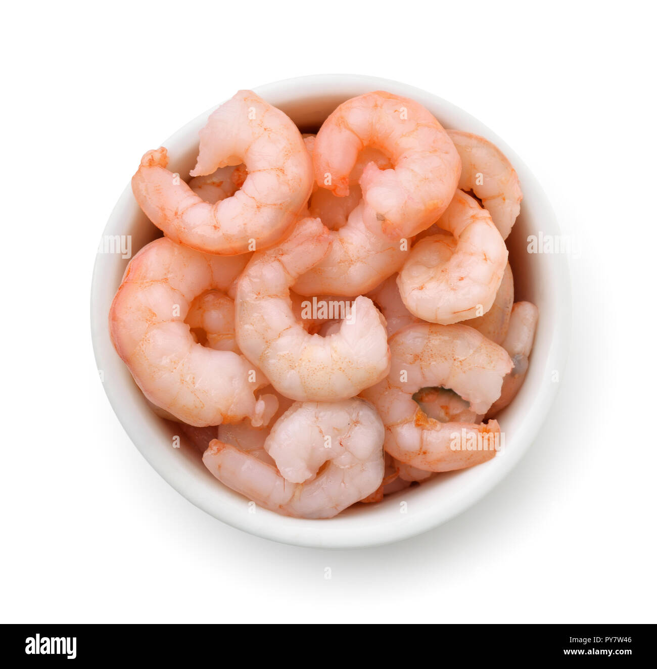 Top view of bowl with boiled peeled shrimps isolated on white Stock Photo