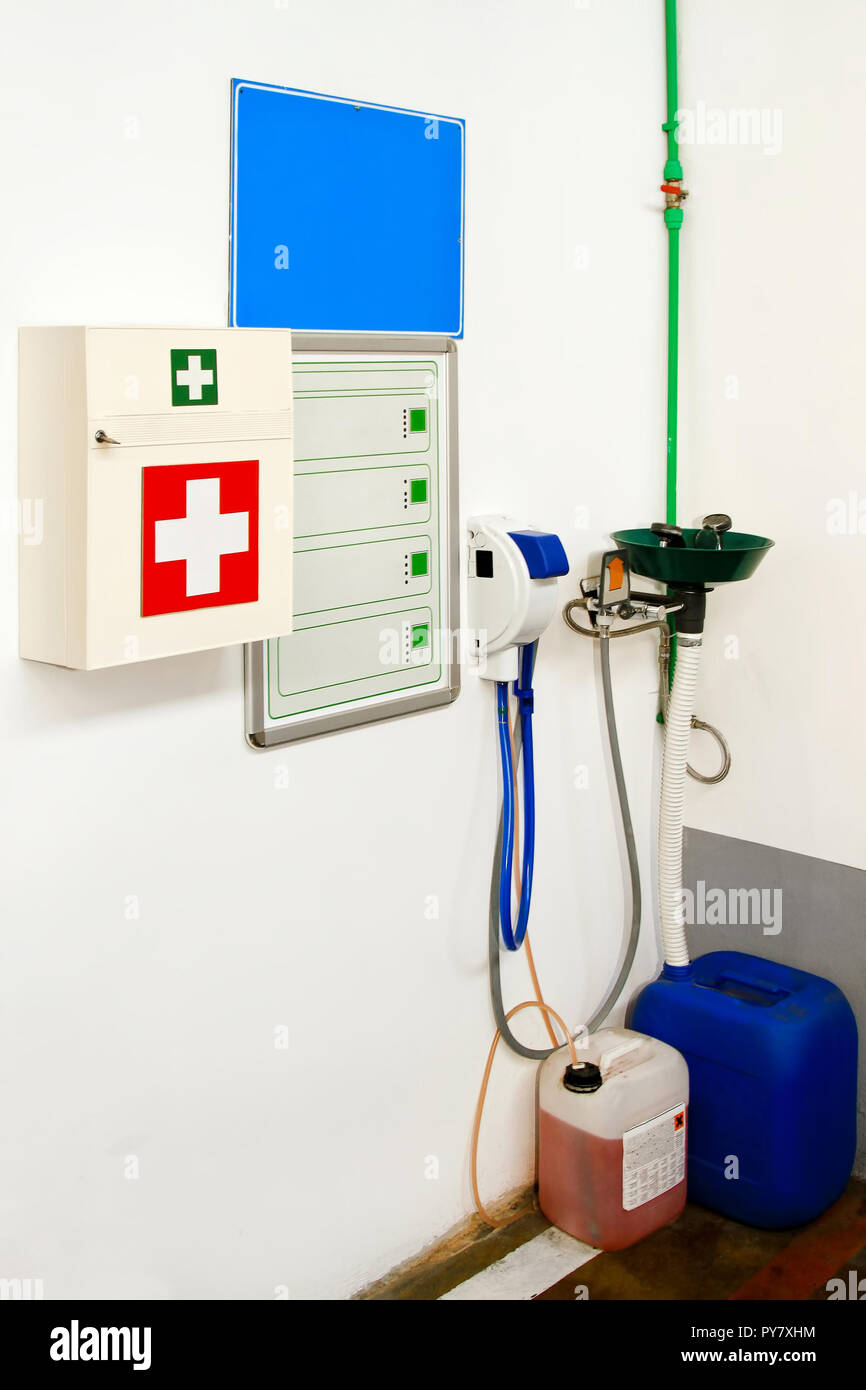 First Aid Station for medical emergency in warehouse Stock Photo