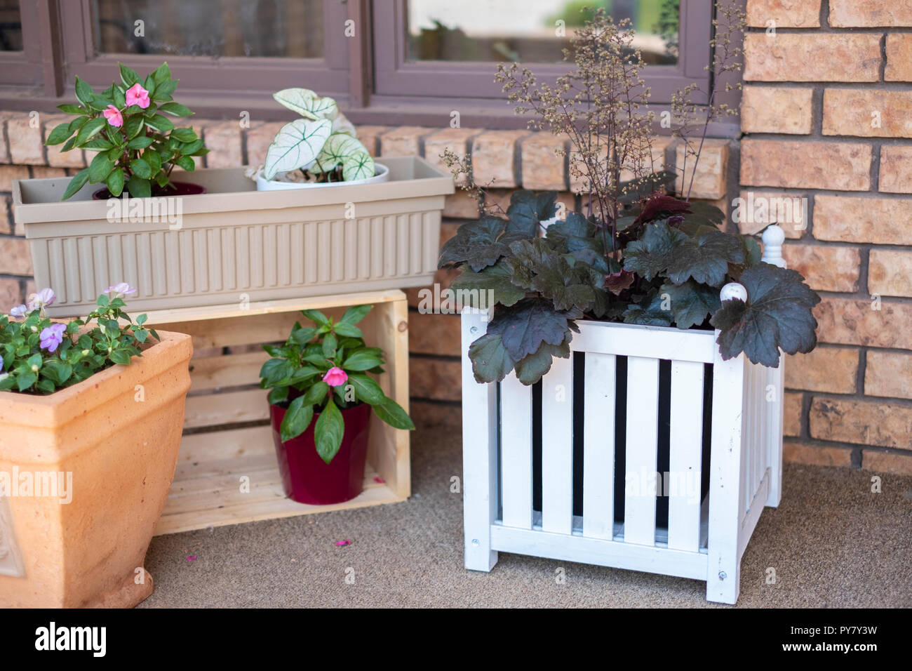 Flower boxes and pots in a porch arrangement in summer. Kansas, USA. Stock Photo