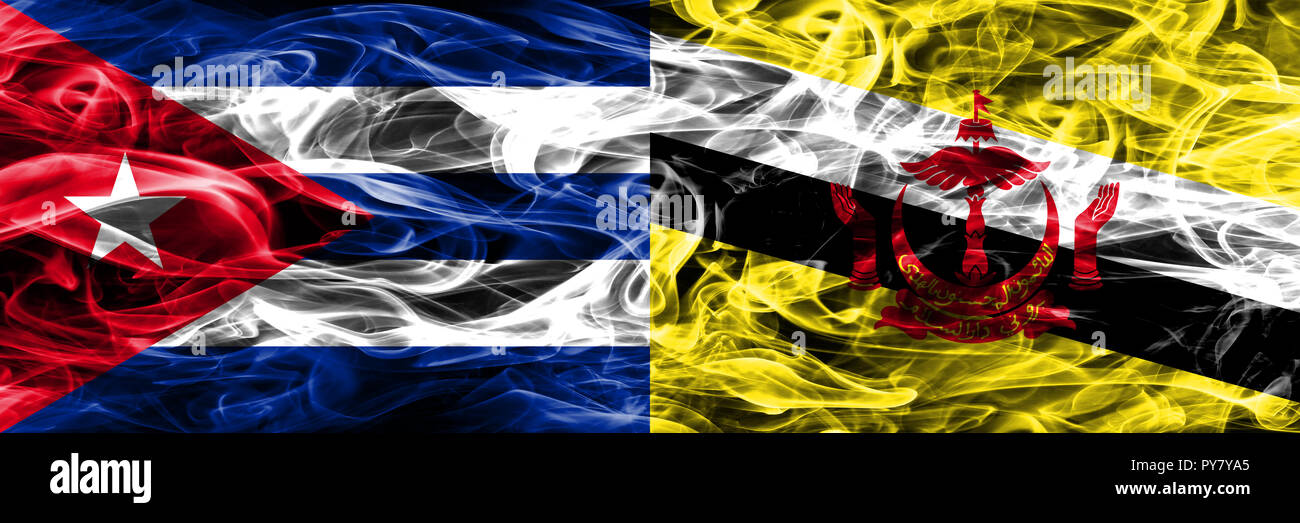 Cuba, Cuban vs Brunei, Bruneian smoke flags placed side by side. Concept and idea flags mix Stock Photo