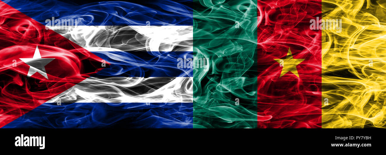 Cuba, Cuban vs Cameroon, Cameroonian smoke flags placed side by side. Concept and idea flags mix Stock Photo