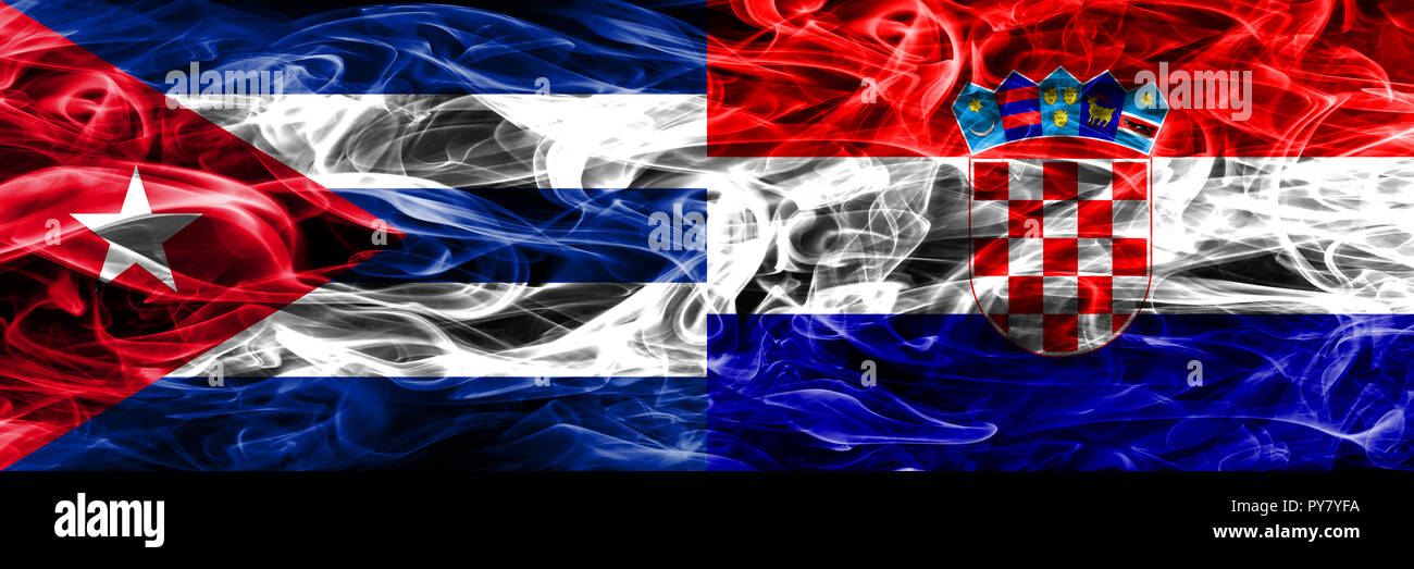 Cuba, Cuban vs Croatia, Croatian smoke flags placed side by side. Concept and idea flags mix Stock Photo