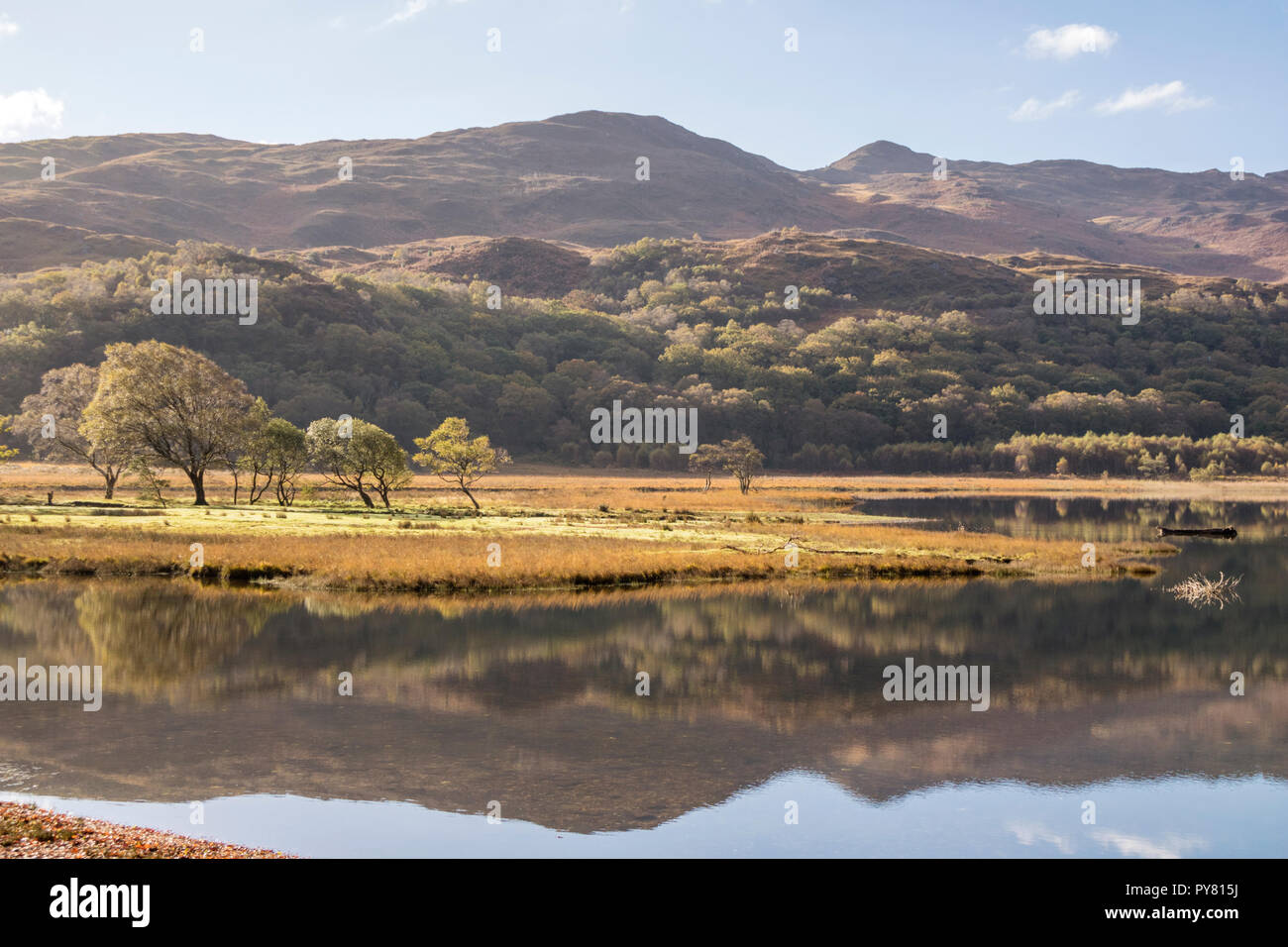 Autumn reflections on Llyn Dinas in the Nant Gwynant Valley, Snowdonia National Park, North Wales, UK Stock Photo