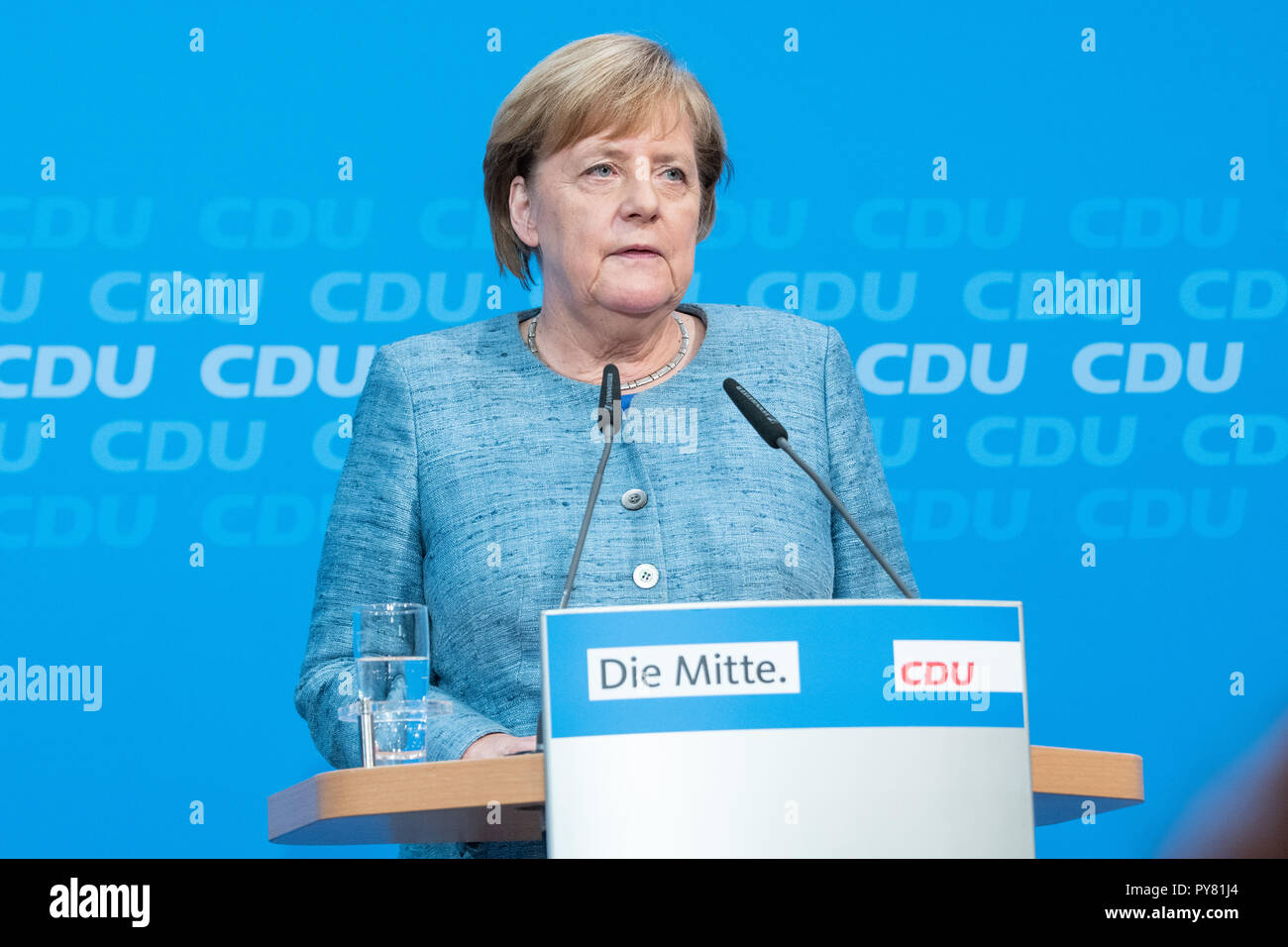 Angela Merkel speaking one week before the vital state elections in Hessen. Stock Photo