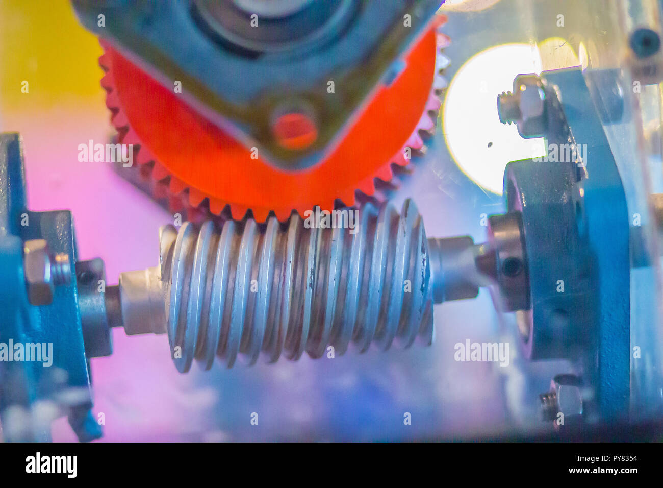 Sample product set of worm gear. A worm drive is a gear arrangement in which a worm meshes with a worm gear. The two elements are also called the worm Stock Photo