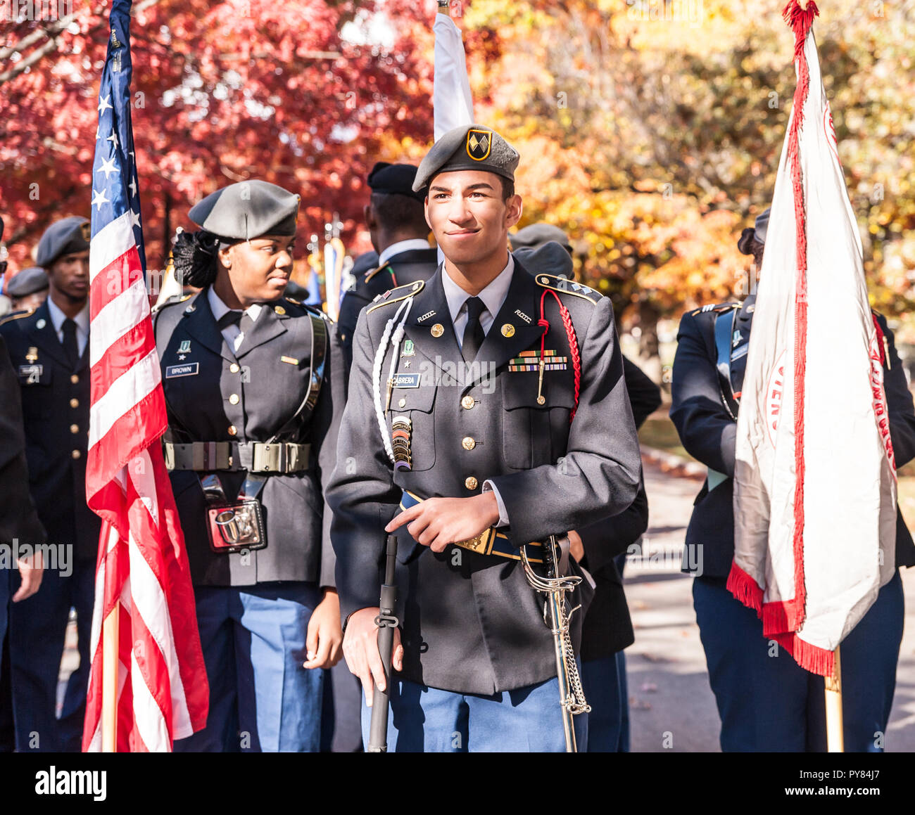 Young soldier smiling while waiting at the Boston Veterans' Day Parade