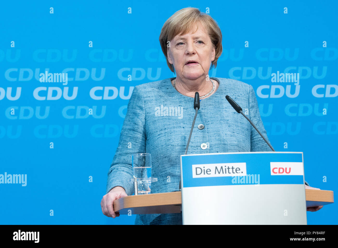 Angela Merkel speaking one week before the vital state elections in Hessen. Stock Photo