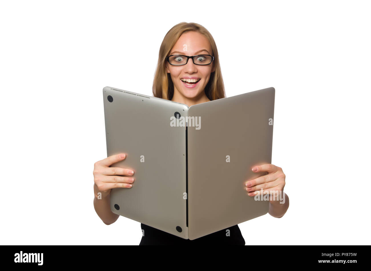 Woman with laptop isolated on white Stock Photo - Alamy