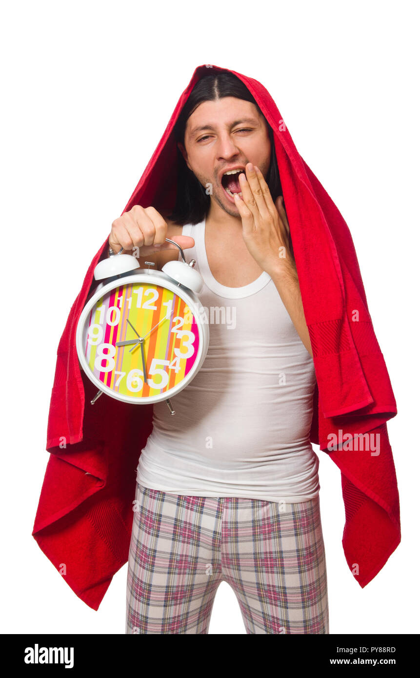 Funny man waking up in the morning on white Stock Photo Alamy