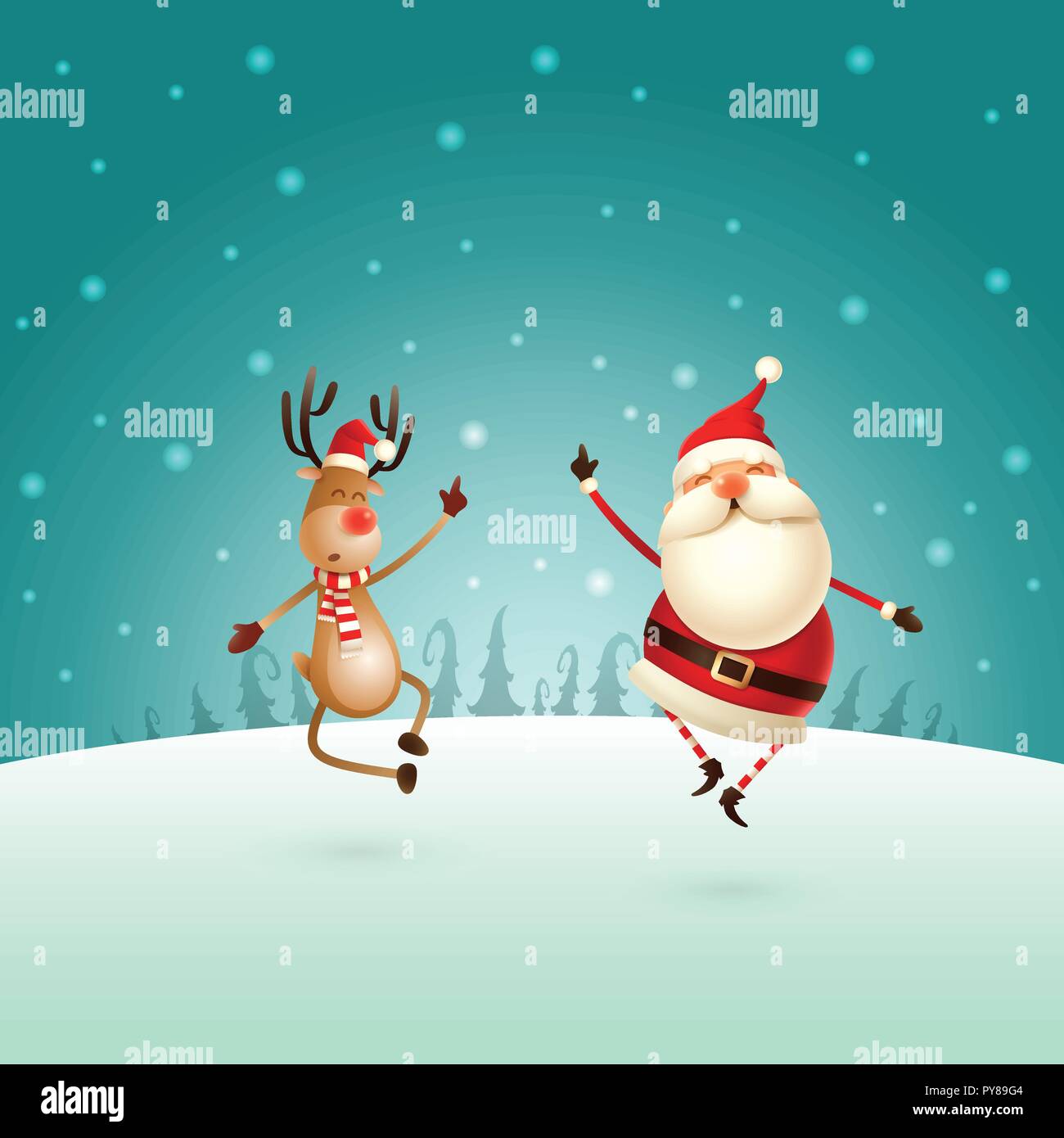 Happy expresion of Santa Claus and Reindeer -  they jumping straight up and bring their heels  claping together right under on winter landscape - Chri Stock Vector