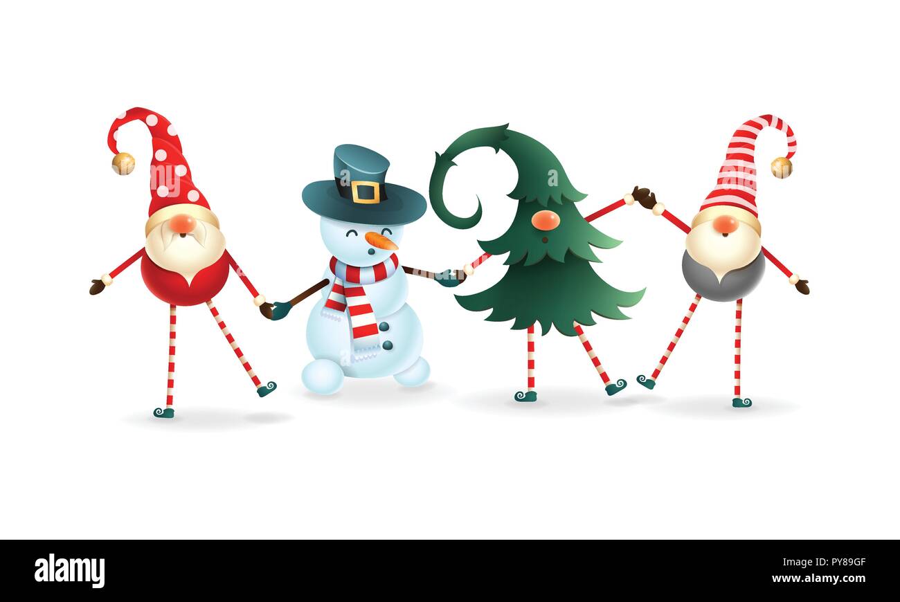 Happy friends celebrate Winter Solstice, Christmas and New Year. Scandinavian gnomes and snowman Stock Vector