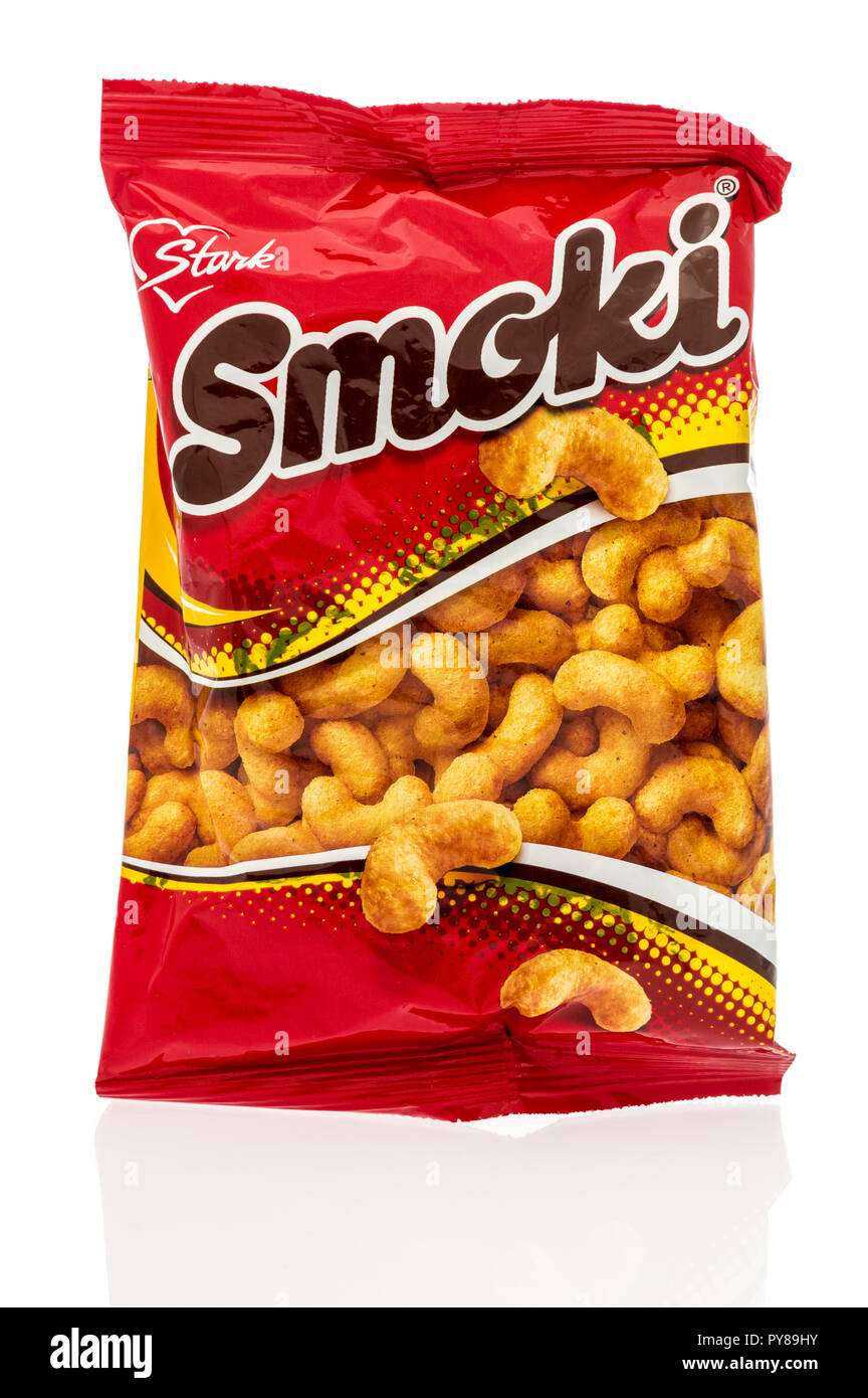 Winneconne, WI - 25 October 2018:  A bag of Stark Smoki puffs in peanut flavor from Serbia on an isolated background. Stock Photo