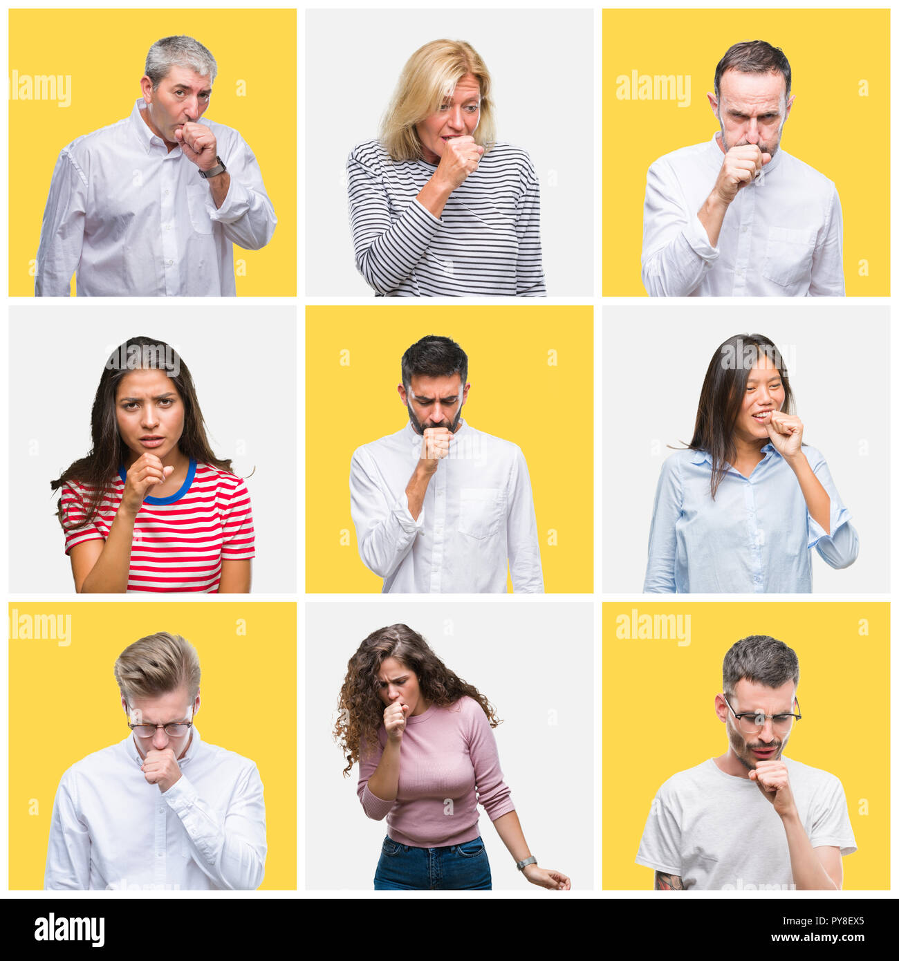 Collage of group of young and senior people over yellow isolated ...