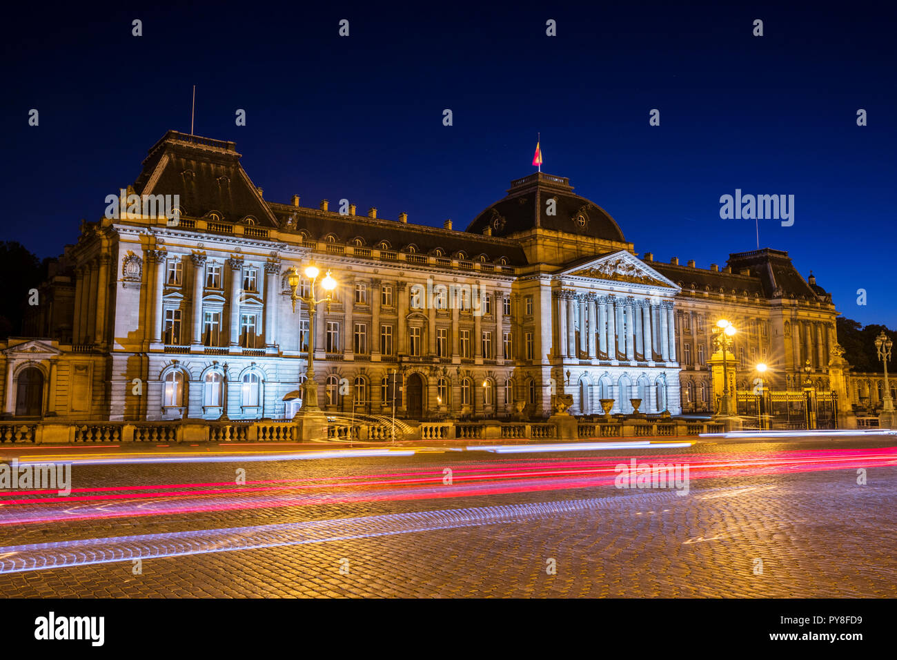 Royal Palace of Brussels at night with traffic lights Stock Photo