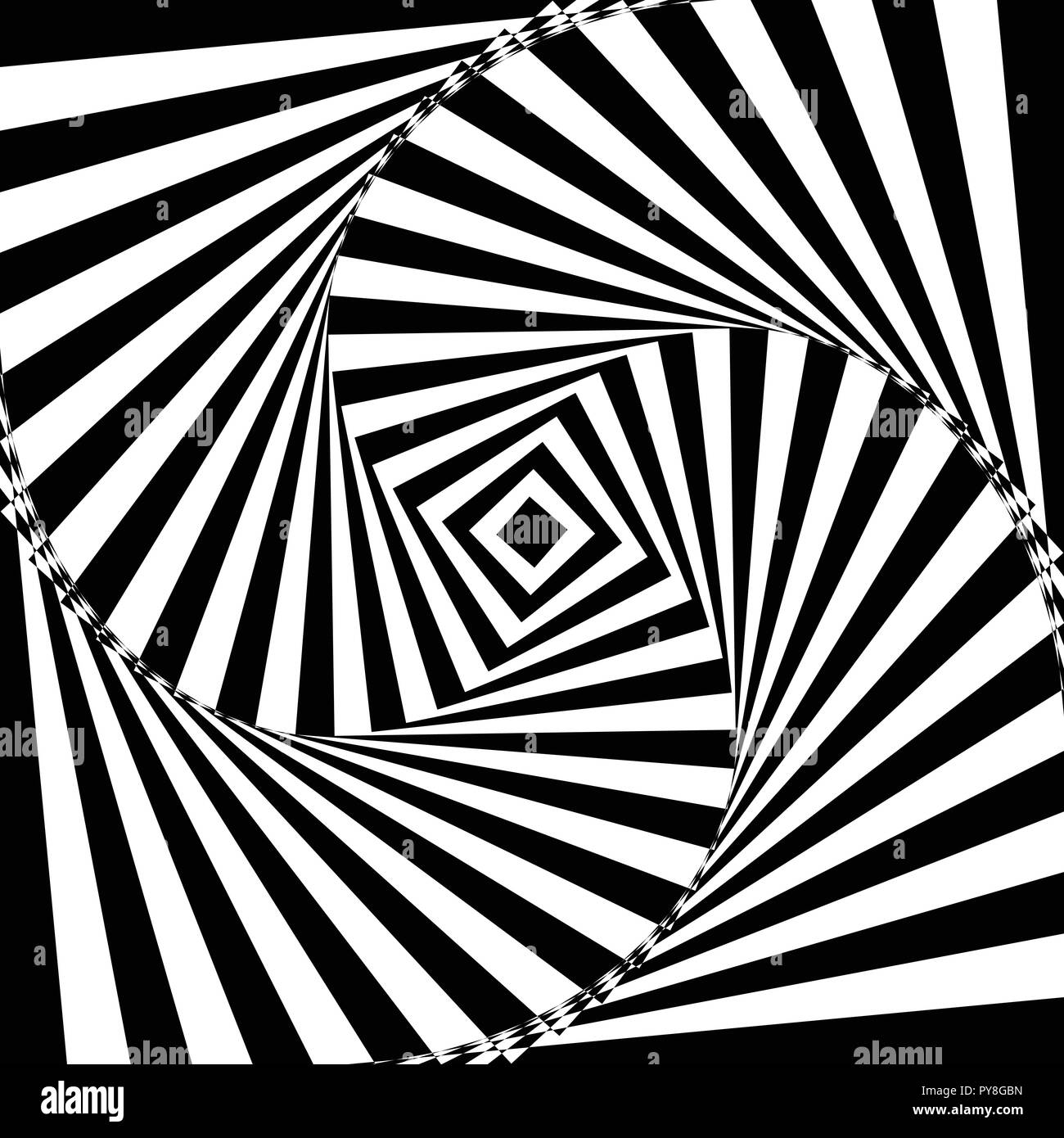 Vector illustration of black and white geometric background of increasing and rotating square creates an optical illusion. Stock Vector