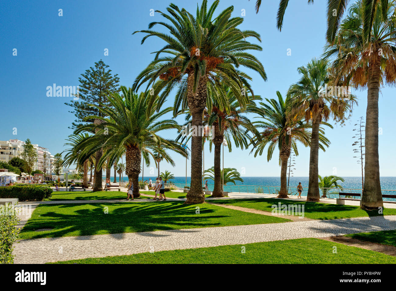 Armação de Pera promenade, lawns and palm trees Stock Photo