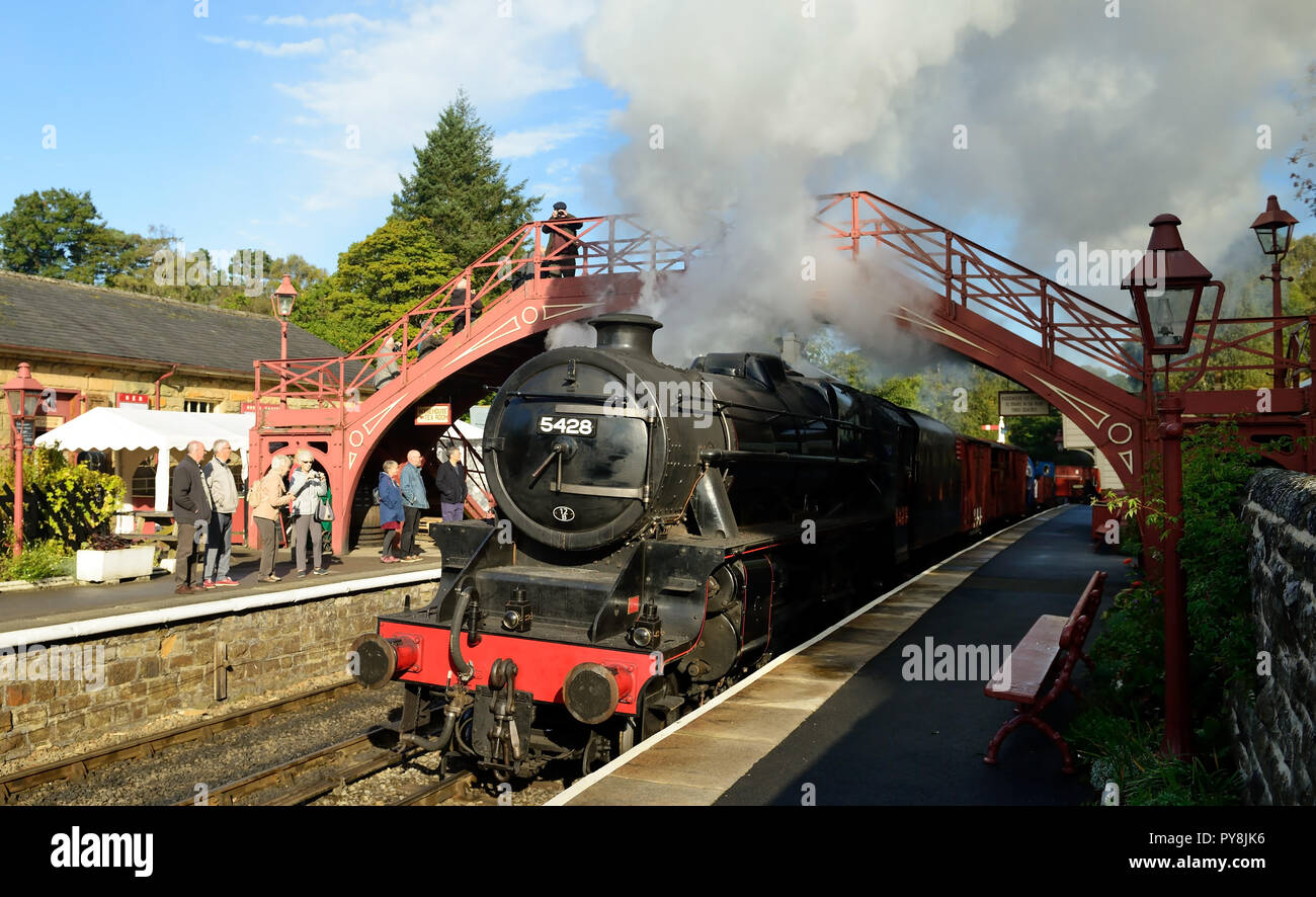 LMS Class 5MT No 5428 'Eric Treacy' passing through Goathland station with a demonstration freight train, 28th September 2018. Stock Photo