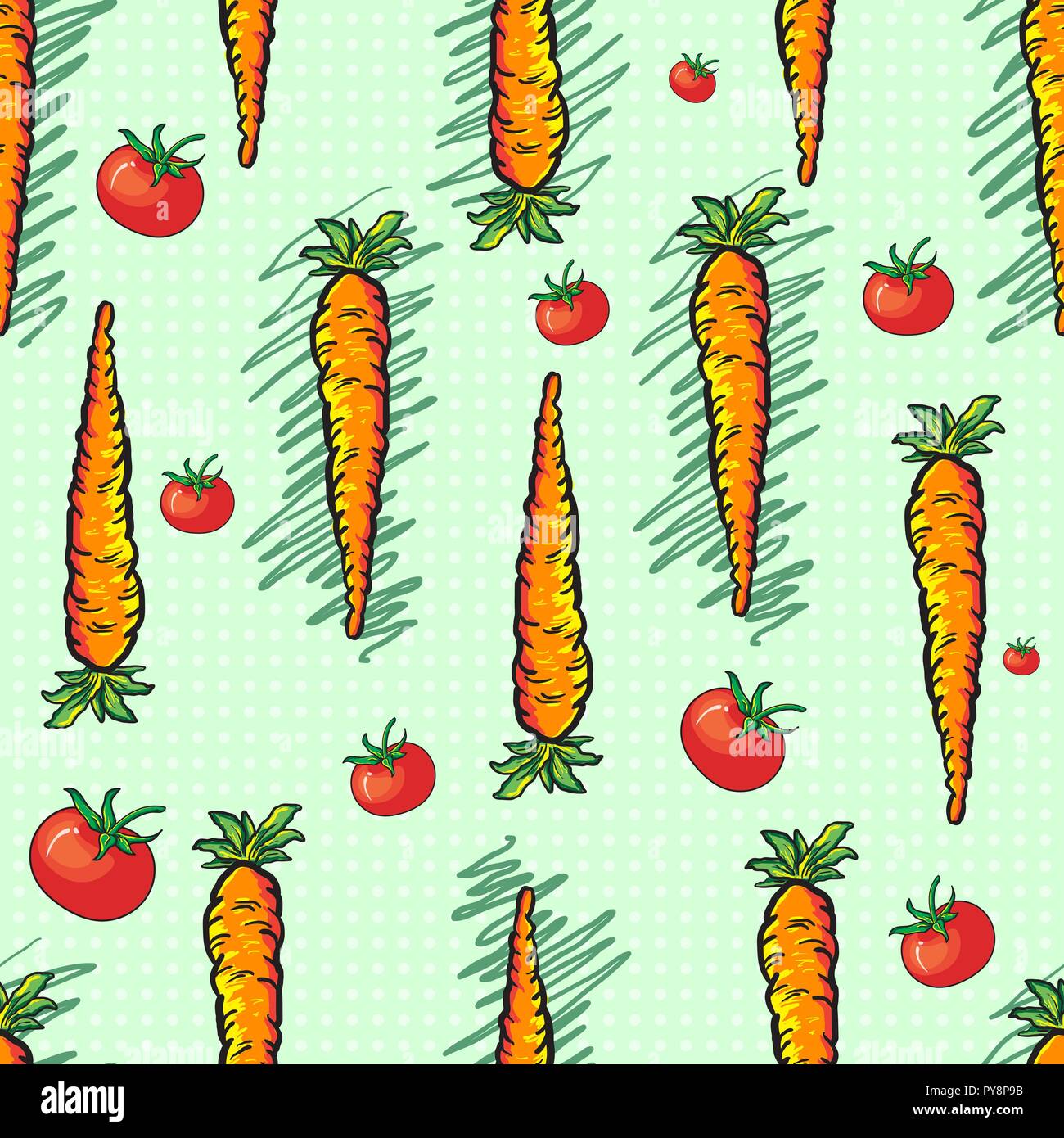 Carrots and tomatoes seamless pattern on light green polkadot background perfect for wallpaper, texture, fabric, and printed Stock Vector