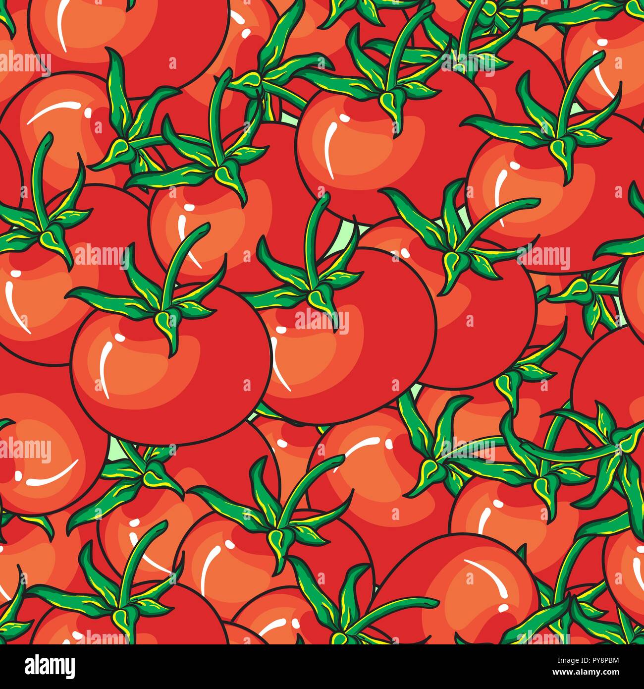Red tomato seamless pattern on red background perfect for wallpaper, texture, fabric, textile, and surface design. Hand drawn vector illustration. Stock Vector