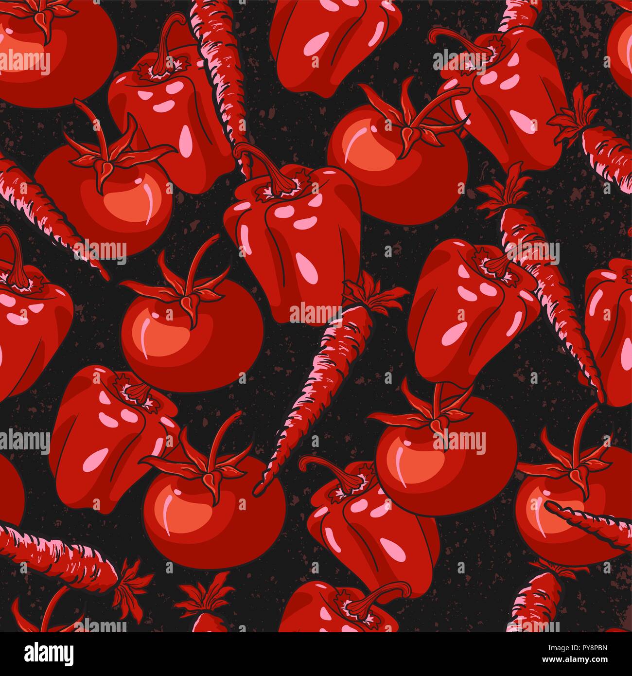 Red vegetables seamless pattern with black grunge background for wallpaper, texture, fabric, textile, and surface design Stock Vector