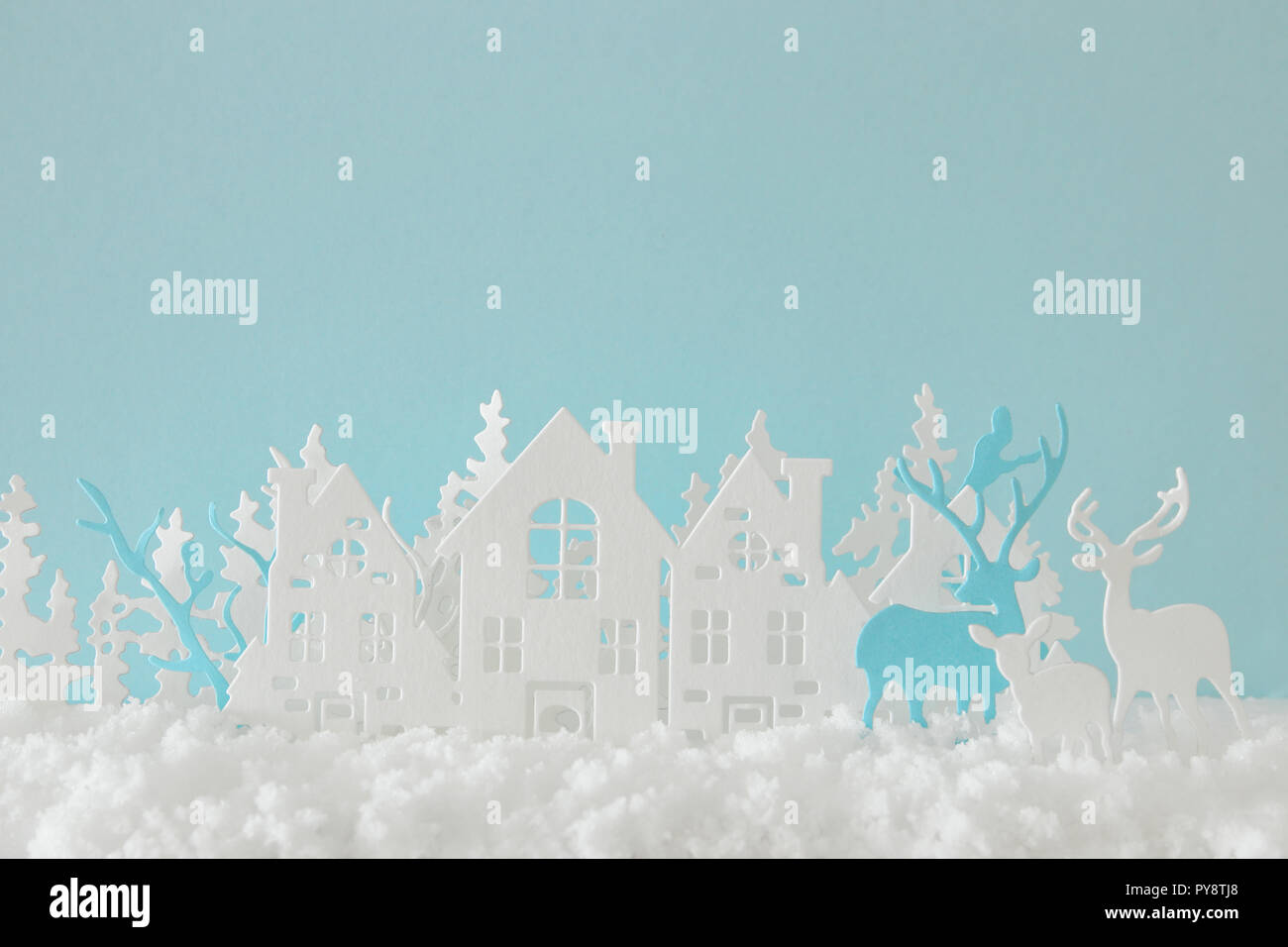 Magical Christmas paper cut winter background landscape with houses ...