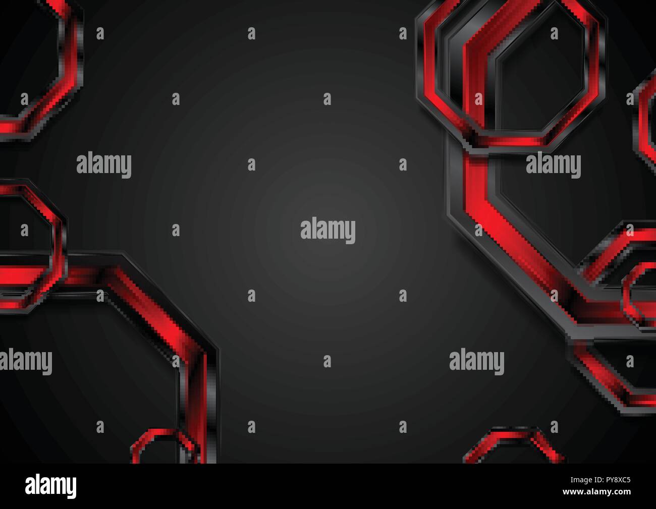 Red and black glossy metal hexagons tech background. Abstract vector design Stock Vector