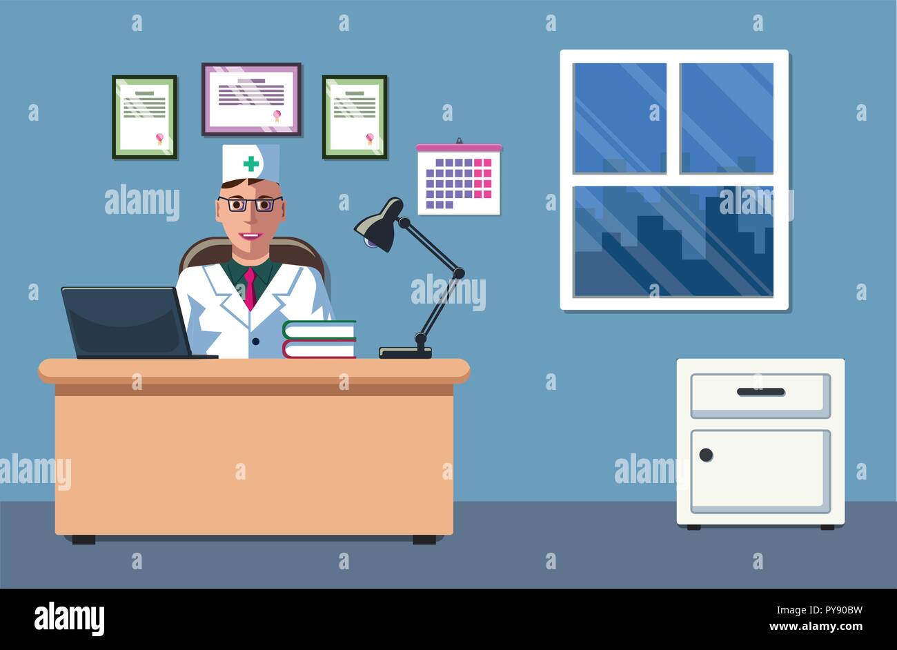 The illustration of a doctor who is sitting in his office and working. The doctor's office. The interior design. The doctor's appointment. Stock Vector