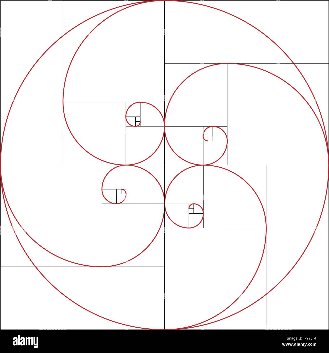 Colorful vector illustration of Fibonacci spiral. Golden ratio Stock Vector