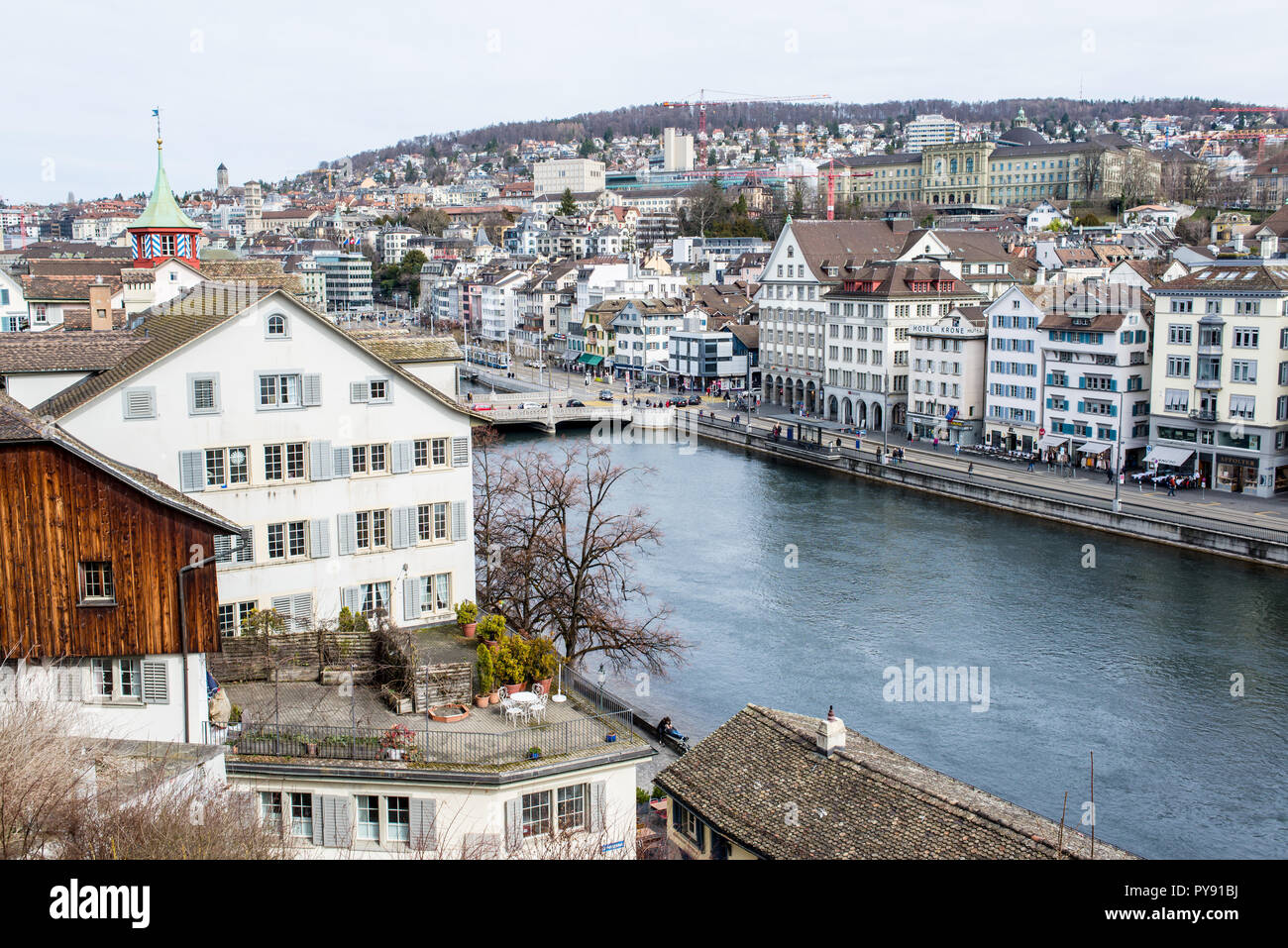 Zurich, Switzerland - March 2017: Aerial view of Zurich city center with river Limmat Stock Photo