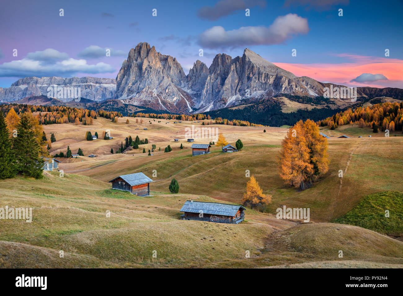 Dolomites. Landscape image of Seiser Alm a Dolomite plateau and the largest high-altitude Alpine meadow in Europe. Stock Photo