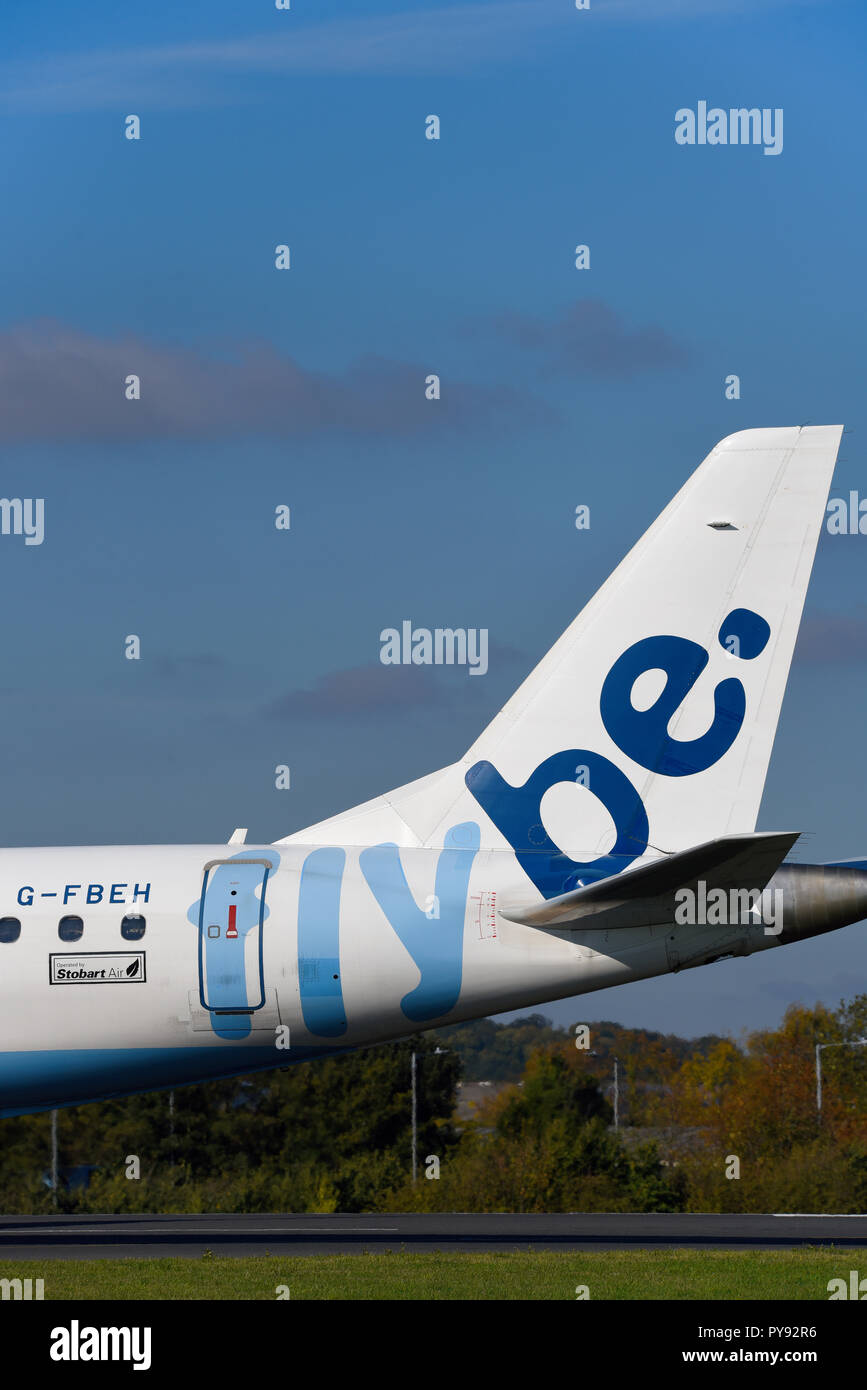 flybe tail logo. flybe Embraer ERJ190 airliner at London Southend Airport, Essex, UK. Stobart Air logo. G-FBEH Embraer 195 jet plane Stock Photo