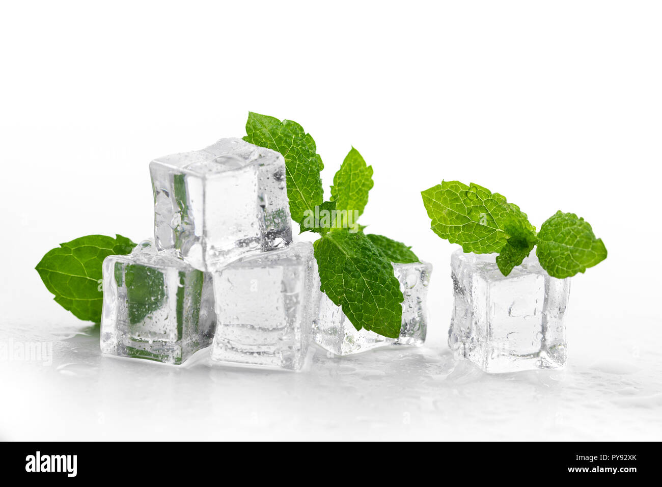 mint and ice cubes isolated on white background Stock Photo
