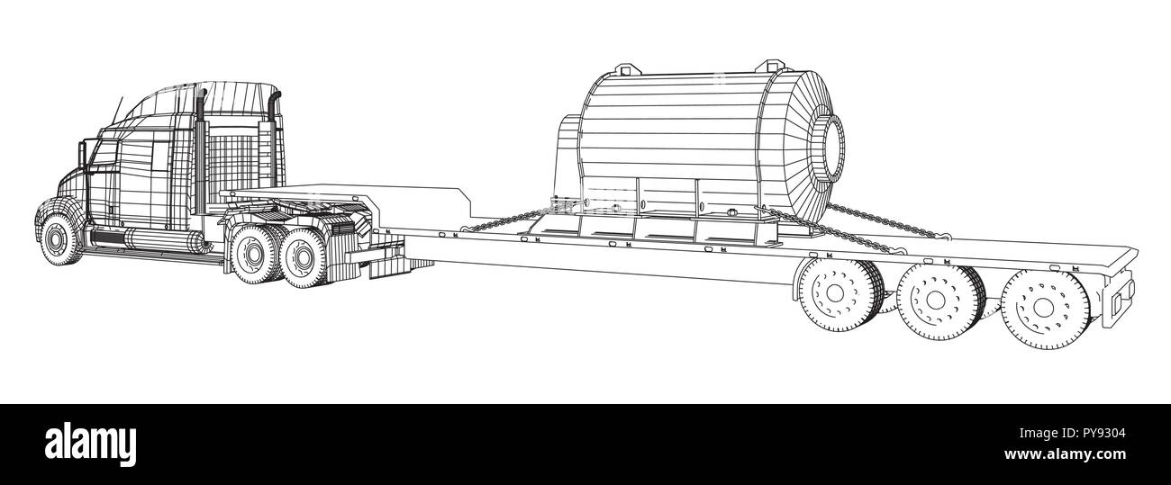 Model trailer truck. Wire-frame. Cargo vehicle. Vector rendering of 3d Stock Vector