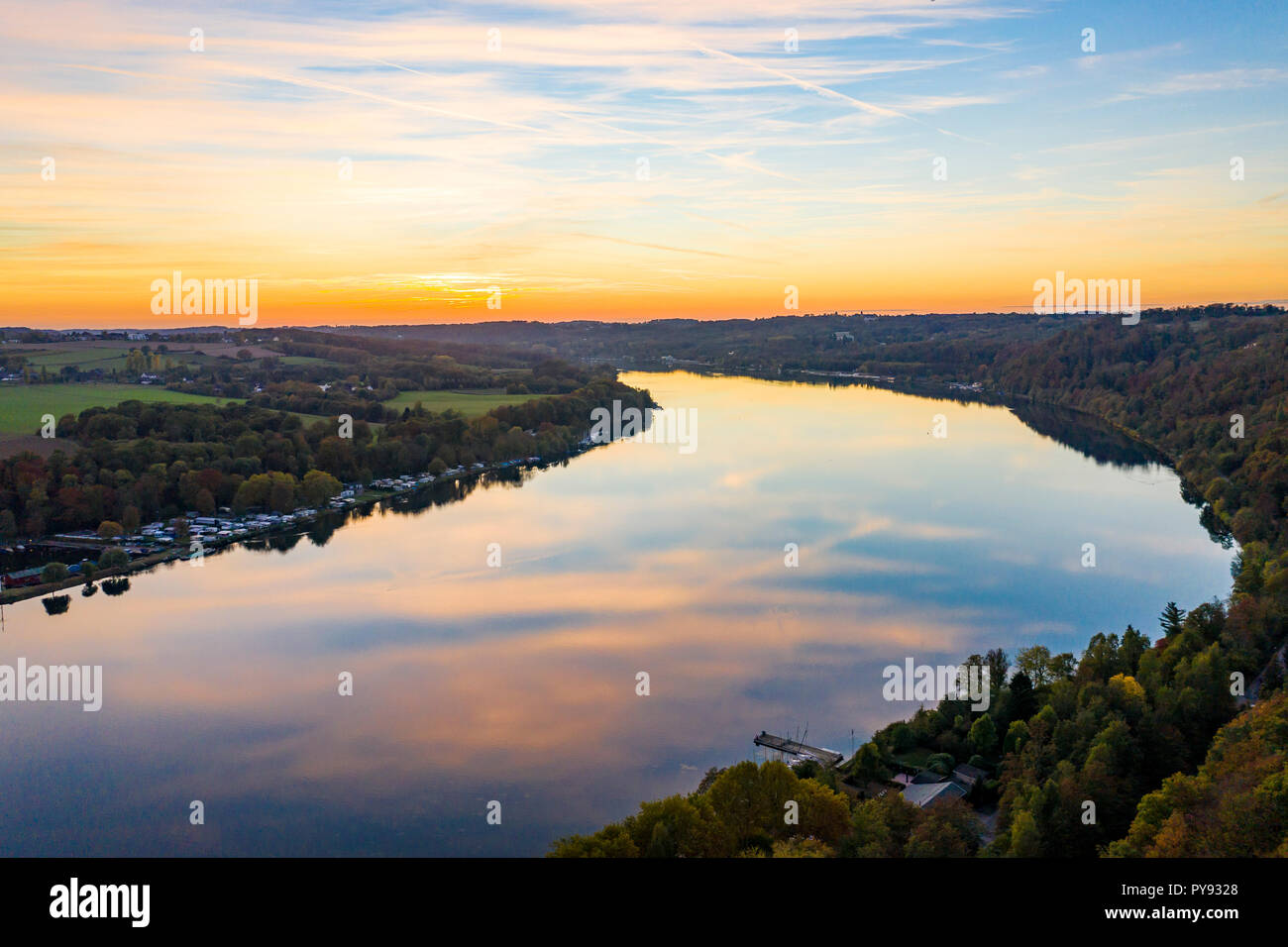Sunset on Lake Baldeney in Essen, reservoir of the Ruhr River, Germany