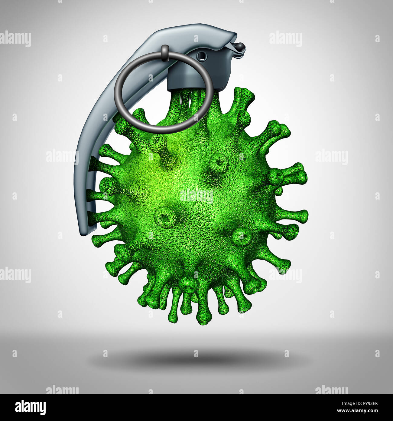 Virus bomb medical threat as a dangerous disease pathogen shapred as a hand grenade as an icon for the biological warfare and dangers. Stock Photo