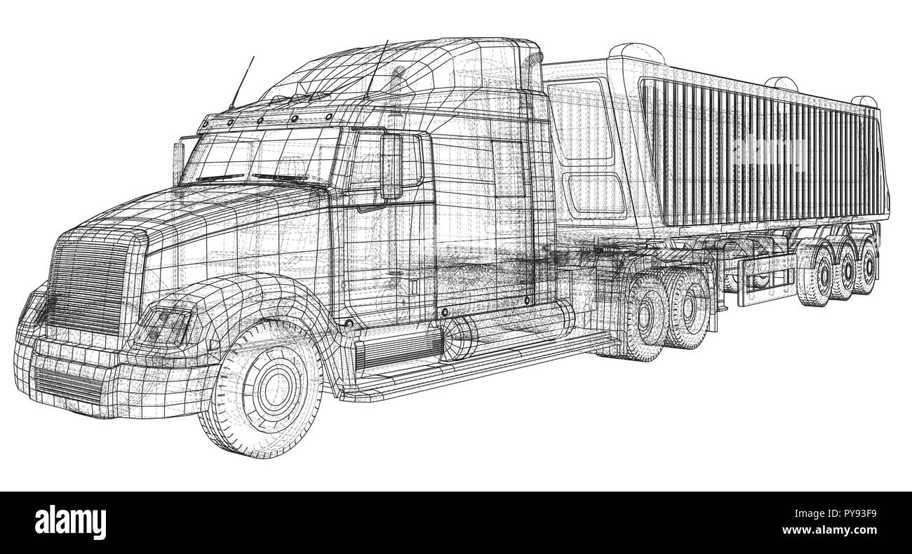 Truck with trailer vector. Isolated on white. Vehicle mockup. Created illustration of 3d. Wire-frame Stock Vector