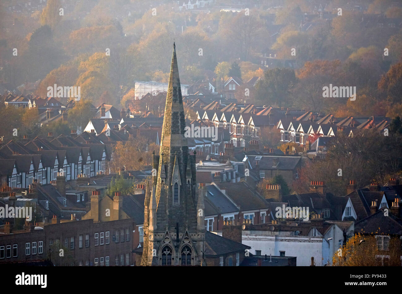 High level view over South London on misty winter morning. Architectural Stock, London, United Kingdom. Architect: NA , 2017. Stock Photo