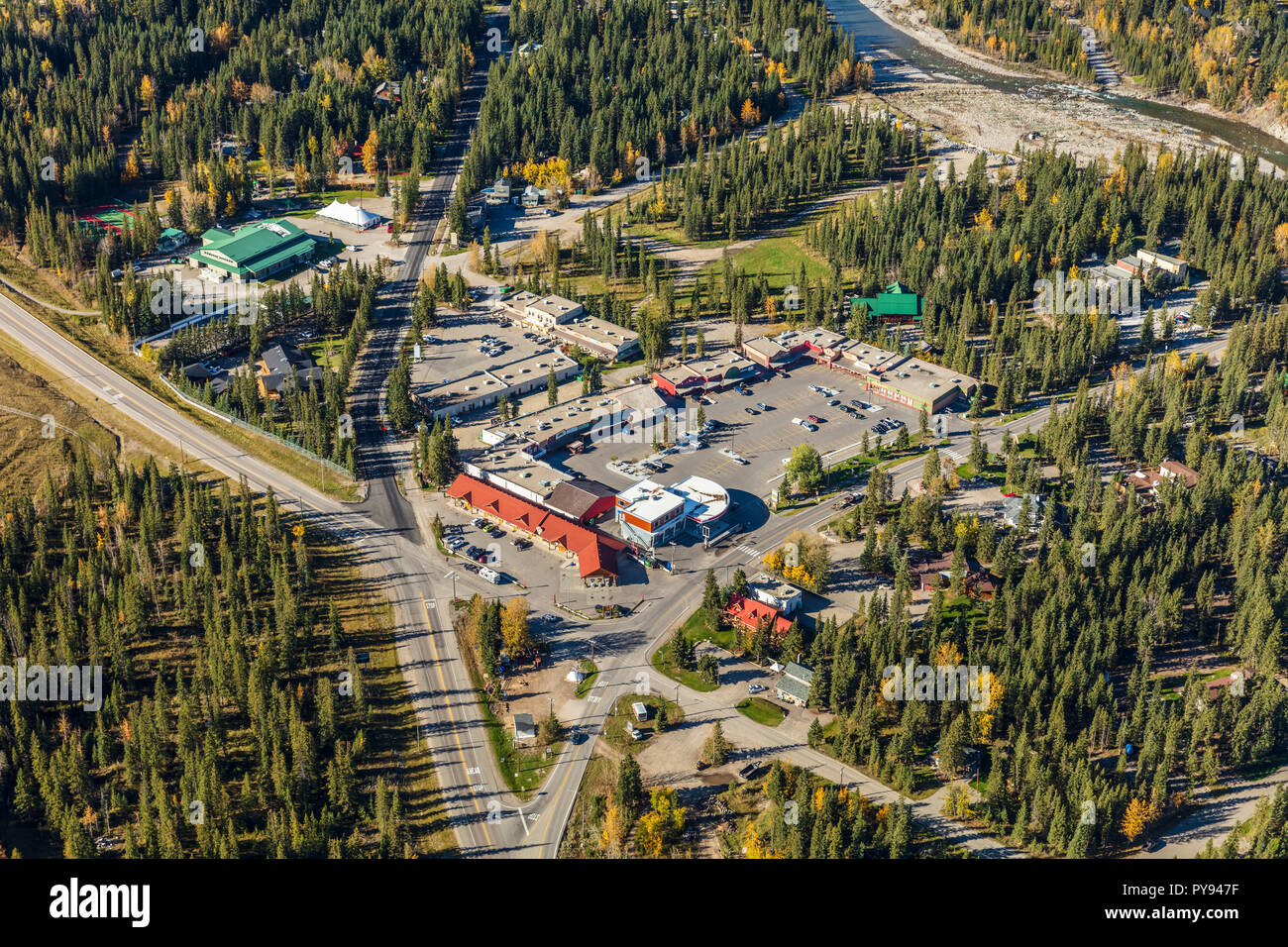 Aerial view of the hamlet of Bragg Creek, Alberta Stock Photo Alamy