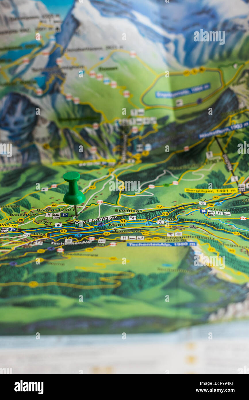 Green Pin Marks A Location Of A Destination On A Map Switzerland Stock