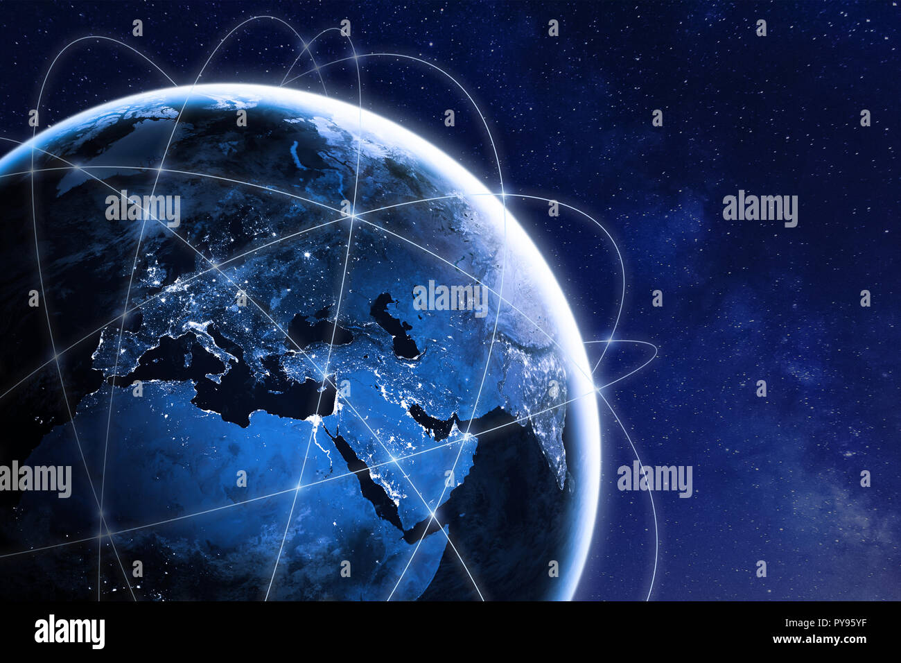 Global connectivity concept with worldwide communication network connection lines around planet Earth viewed from space, satellite orbit, city lights  Stock Photo