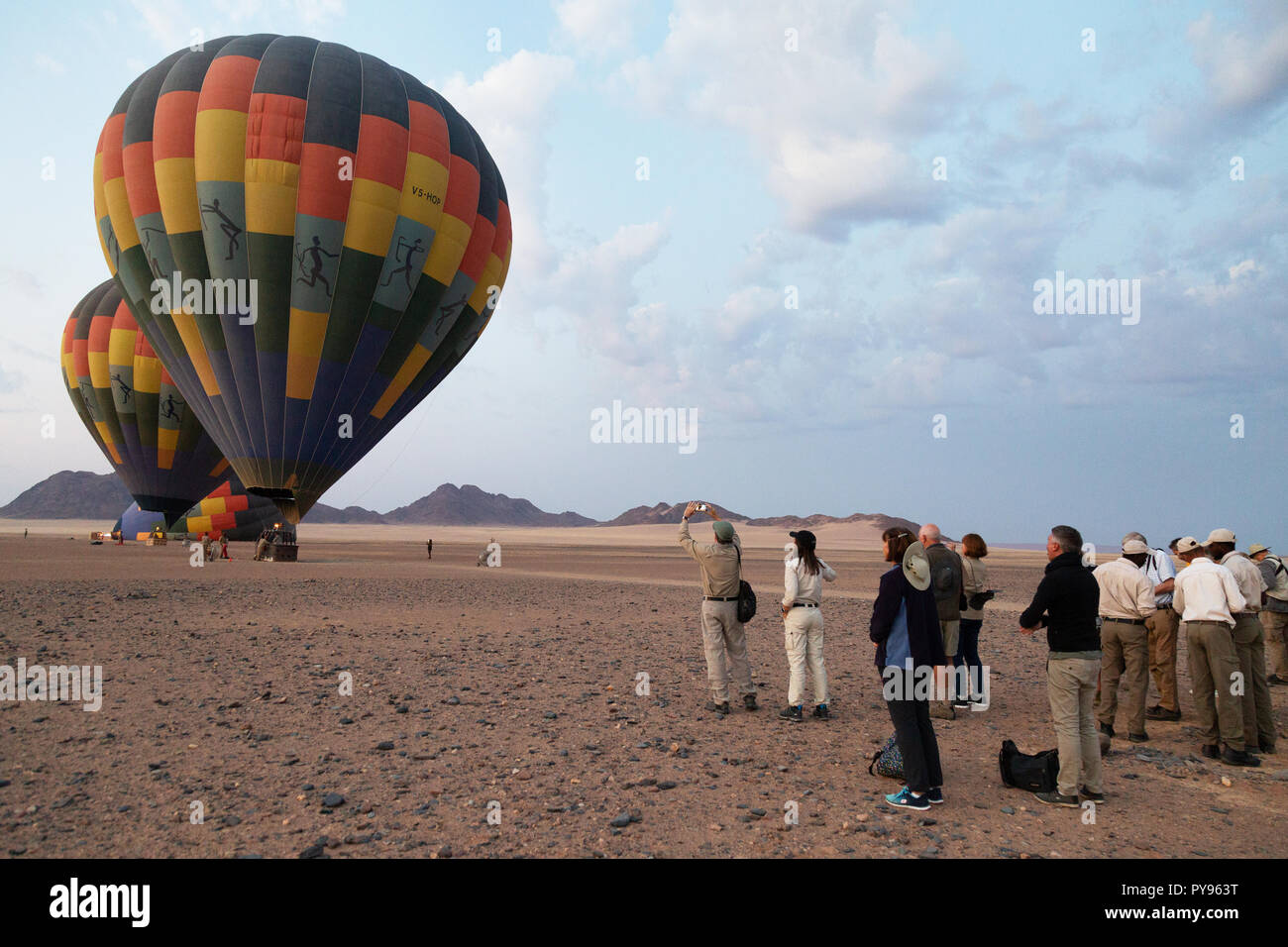 Namibia hot air balloon ride for tourists at sunrise, the Namib desert at Sossusvlei, Namibia Africa Stock Photo