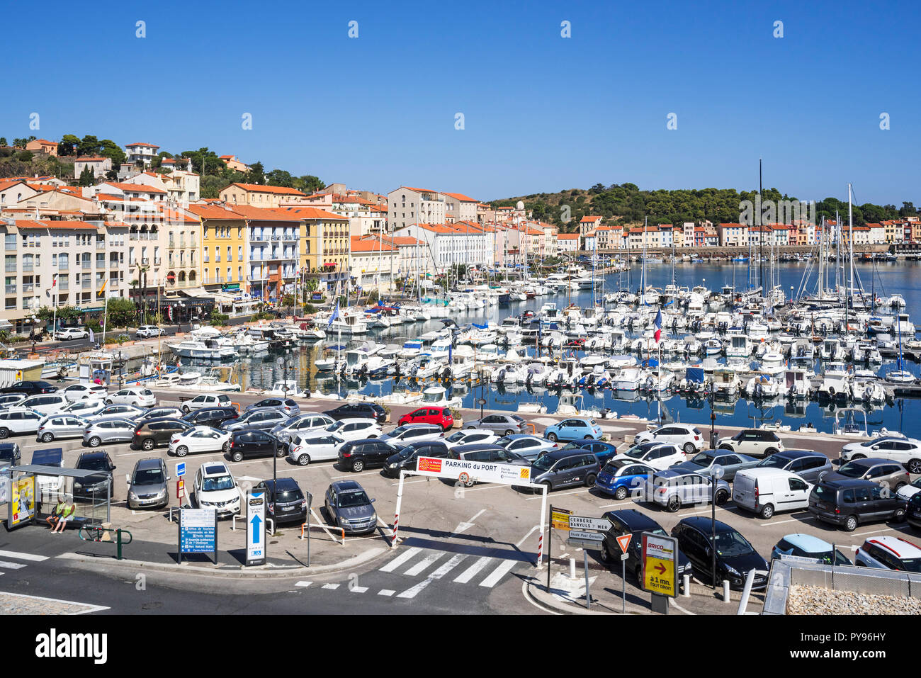 Pleasure boats in marina / yacht basin at Port-Vendres, Mediterranean fishing port along the Côte Vermeille, Pyrénées-Orientales, France Stock Photo