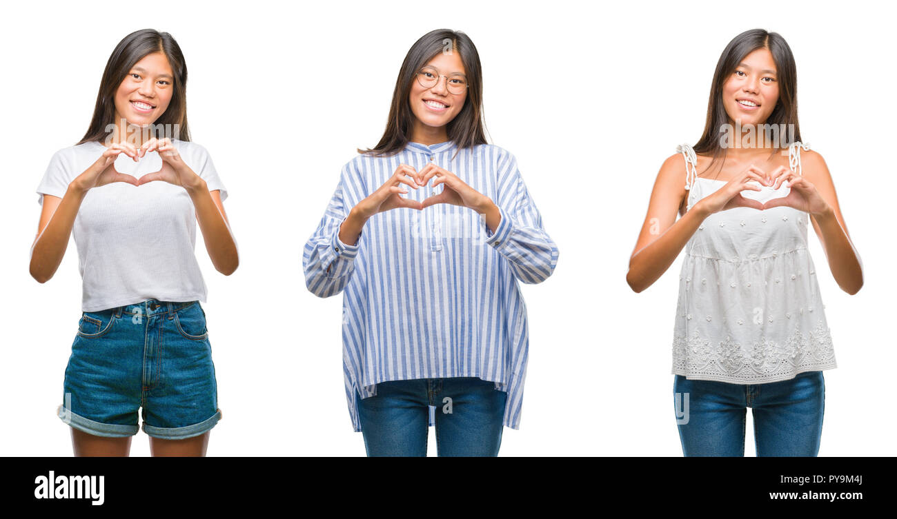 Collage of asian young woman standing over white isolated background ...