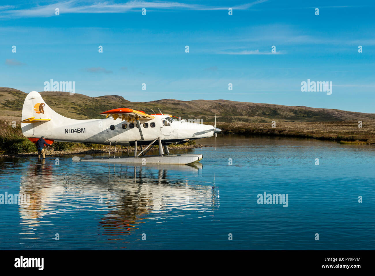 Float plane near Moraine Creek (River), Katmai National Park and Reserve, Alaska, USA. Stock Photo