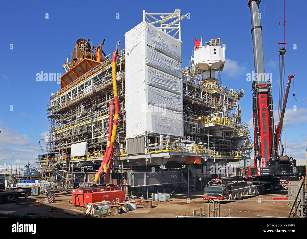 Top-side superstructure of an offshore gas production platform under construction in the North Sea port of Hartlepool, UK Stock Photo