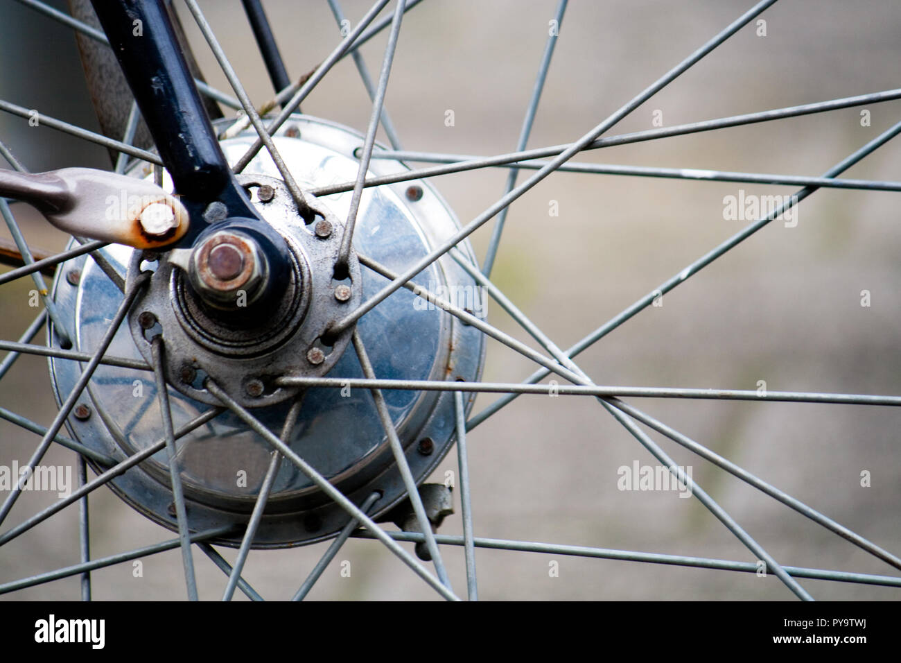 Close up of the front wheel of a bike Stock Photo