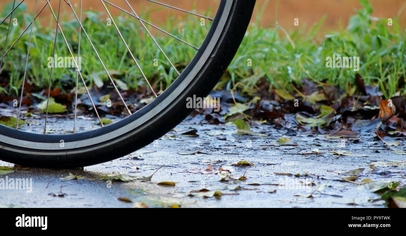 Biking in the rain: focus on where the tyre touches the path Stock Photo