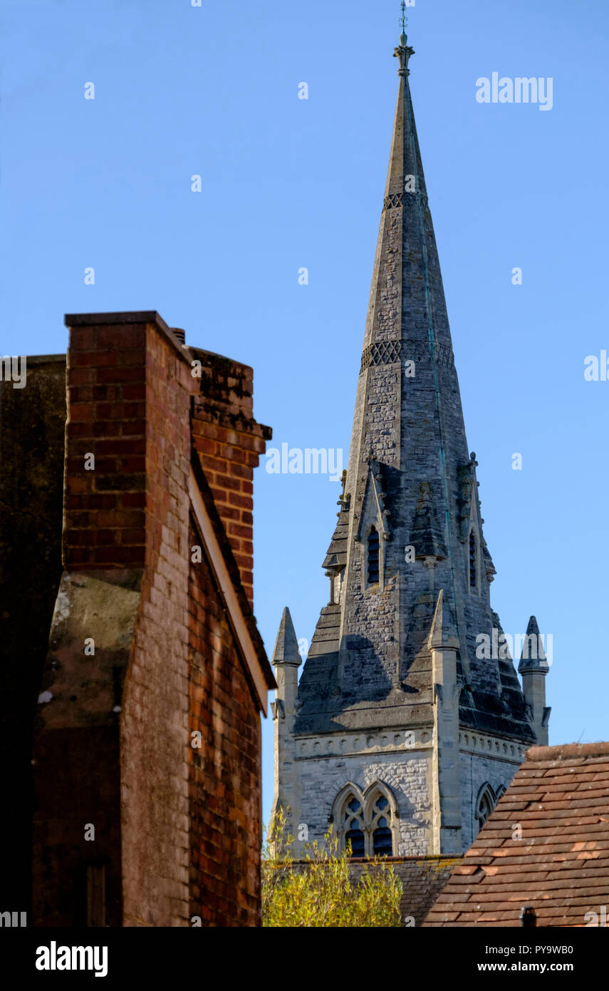 Around Salisbury, a Wiltshire city, England UK Spire of the United Reformist Church not the cathedral comrade. Stock Photo